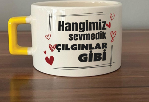 Hangimiz Sevmedik Çılgınlar Gibi Baskılı Sarı Kulplu C Fincan