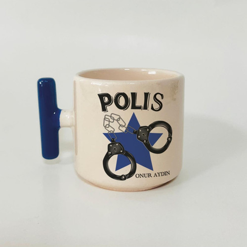 Kişiye Özel Polis Kelepçe Baskılı Mavi Kulplu T Kupa