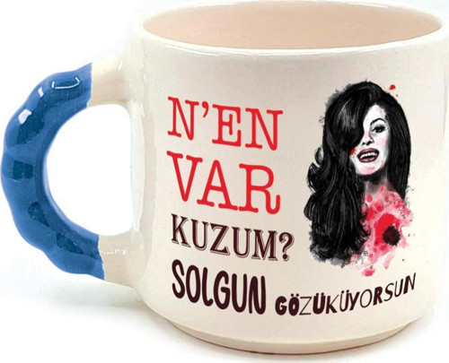Nen Var Kuzum? Baskılı Mavi Kulplu Boncuk Kupa