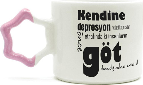 Kendine Depresyon Teşhisi Koymadan Önce Baskılı Pembe Kulplu Yıldız Kupa