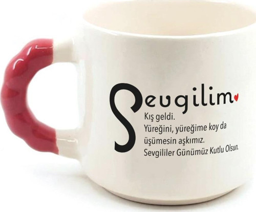 Sevgilim Baskılı Kırmızı Kulplu Boncuk Kupa