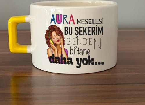 Aura Meselesi Bu Şekerim Baskılı Sarı Kulplu C Fincan