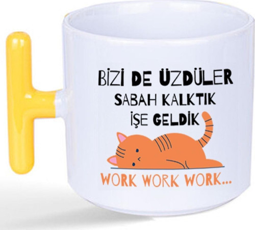 Bizi De Üzdüler Turuncu Kedi Baskılı Sarı Kulplu T Kupa