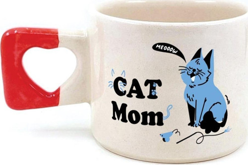 Cat Mom Baskılı Kırmızı Kulplu Kalp Kupa