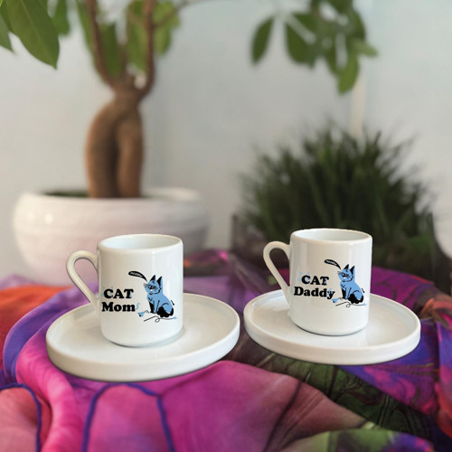 Cat Mom-Cat Daddy Baskılı 2'li Türk Kahvesi Fincan Seti