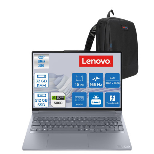 Thinkbook 16P G6 Intel Ultra 7 255HX 32GB 512GB SSD 8GB/RTX5060/115W 16" 3.2k (3200X2000) IPS 165hz 500NITS X-Rite WIN11PRO Kurumsal Iş Bilgisayarı 21R0001GTXP09 + Zettaçanta