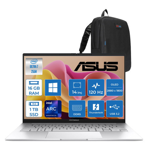 Zenbook 14 Intel Core Ultra 7 255H 16GB LPDDR5X 1tb 14" 3k OLED 120Hz 600NIT Intel Arc Graphics Windows 11 Home Taşınabilir Bilgisayar UX3406CAH02 + Zettaçanta