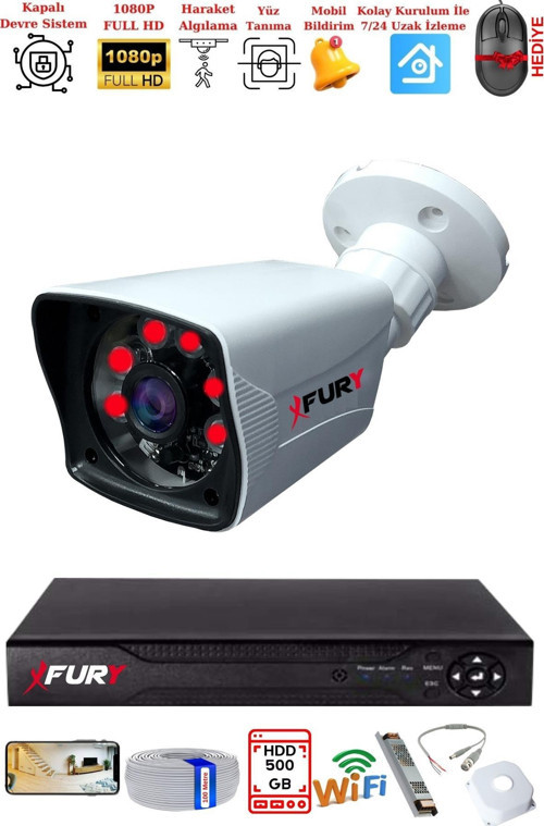 1 Kameralı 2MP Full HD Görüntü 6 Atom Led Gece Görüşlü Dış Mekan Güvenlik Kamerası Seti 500GB