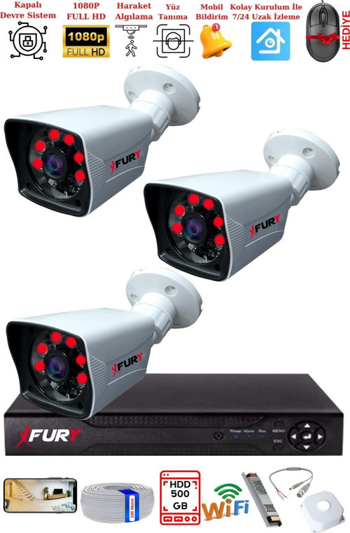 3 Kameralı 2MP Full HD Görüntü 6 Atom Led Gece Görüşlü Dış Mekan Güvenlik Kamerası Seti 500GB