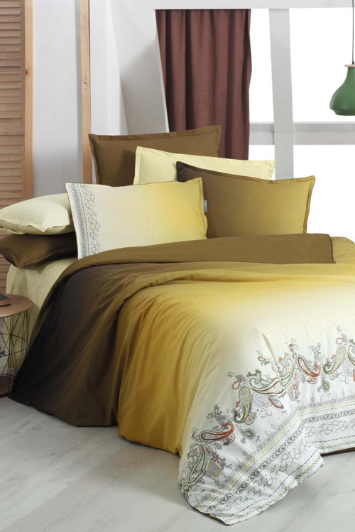 Terry Gri Sarı Kişilik %100 Pamuk Fancy Poplin Nevresim Takımı