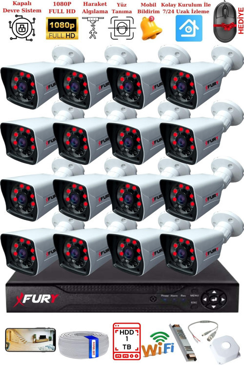 16 Kameralı 2MP Full HD Görüntü 6 Atom Led Gece Görüşlü Dış Mekan Güvenlik Kamerası Seti 1TB