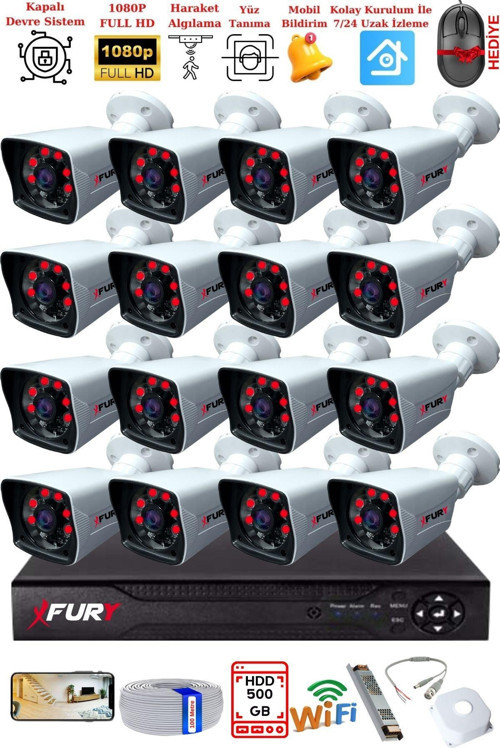 16 Kameralı 2MP Full HD Görüntü 6 Atom Led Gece Görüşlü Dış Mekan Güvenlik Kamerası Seti 500GB