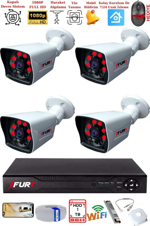 4 Kameralı 2MP Full HD Görüntü 6 Atom Led Gece Görüşlü Dış Mekan Güvenlik Kamerası Seti 1TB