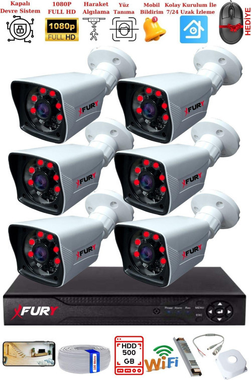 6 Kameralı 2MP Full HD Görüntü 6 Atom Led Gece Görüşlü Dış Mekan Güvenlik Kamerası Seti 500GB