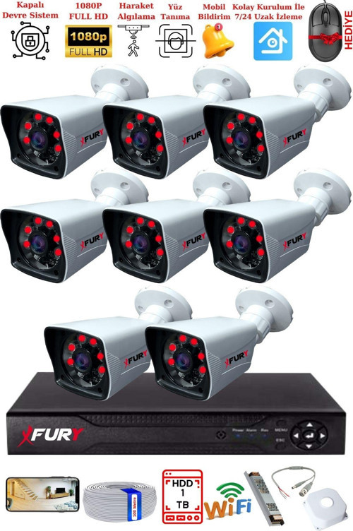 8 Kameralı 2MP Full HD Görüntü 6 Atom Led Gece Görüşlü Dış Mekan Güvenlik Kamerası Seti 1TB