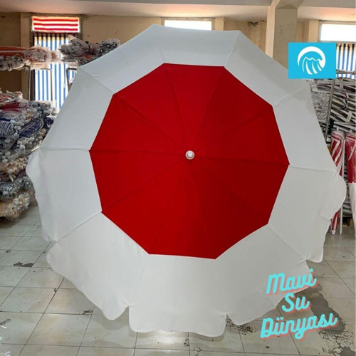 Plaj Şemsiye Beyaz Ortası Kırmızı (Bidon Dahil) 2 Metre, 10 Telli Bez Plaj Şemsiyesi Beyaz