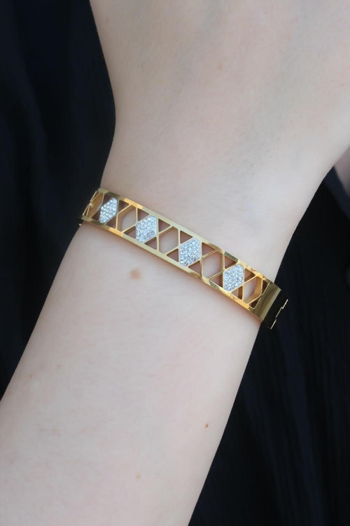 316L Çelik Gold Renk Motif Model Zirkon Taşlı Kadın Kelepçe - TJ-BB5296