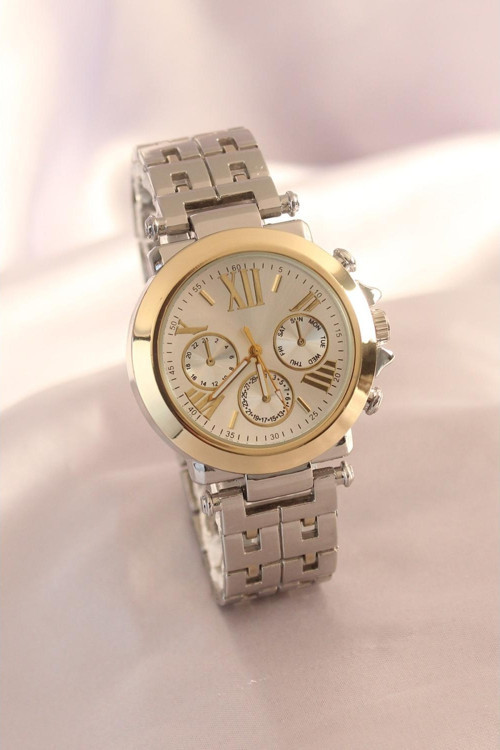 Gümüş Renk Metal Kordon Gold Kasa Beyaz Kadran Roma Rakamlı Kadın Saat - TJ-BS3467