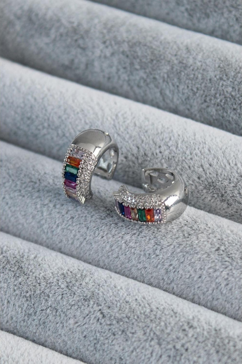 Gümüş Renk Renkli Kristal Taşlı Earcuff Pirinç Kadın Kıkırdak Küpe - TJ-BKP7780