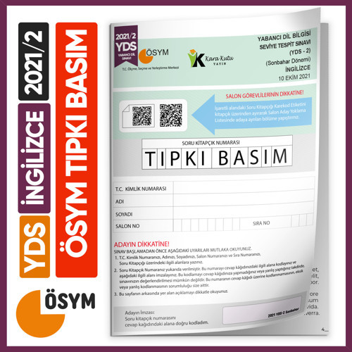 YDS 2021/2 ÖSYM Tıpkı Basım Çıkmış Soru Türkiye Geneli Deneme Kitapçığı