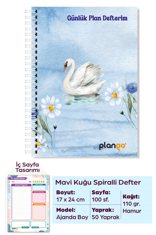 Mavi Kuğu Spiralli Günlük Planlama Defteri - 100 Sayfa - 17x24 Planlayıcı Defter