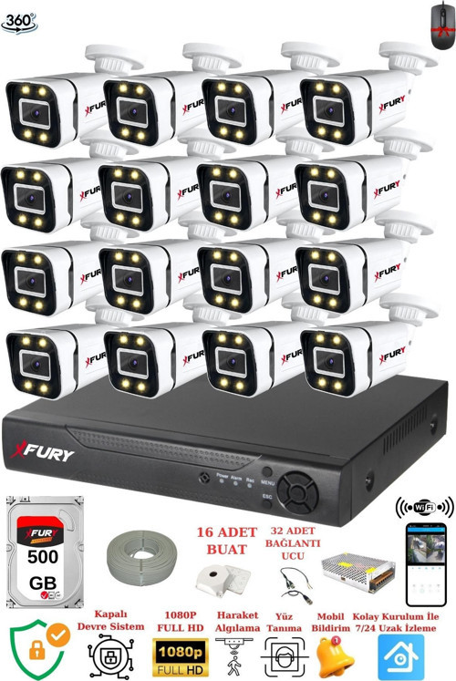 16 Kameralı Full Hd Gece Renkli - Su Geçirmez Ultra Led Güvenlik Kamerası Seti 500GB