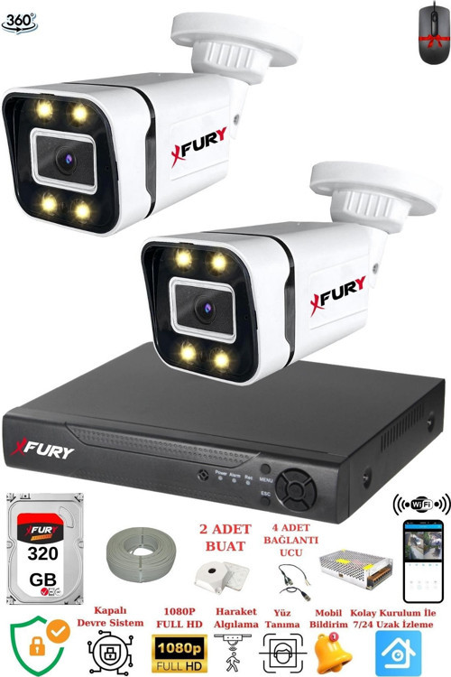 2 Kameralı Full Hd Gece Renkli - Su Geçirmez Ultra Led Güvenlik Kamerası Seti 320GB