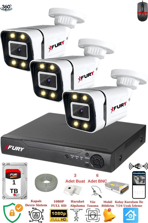 3 Kameralı Full Hd Gece Renkli - Su Geçirmez Ultra Led Güvenlik Kamerası Seti 1TB