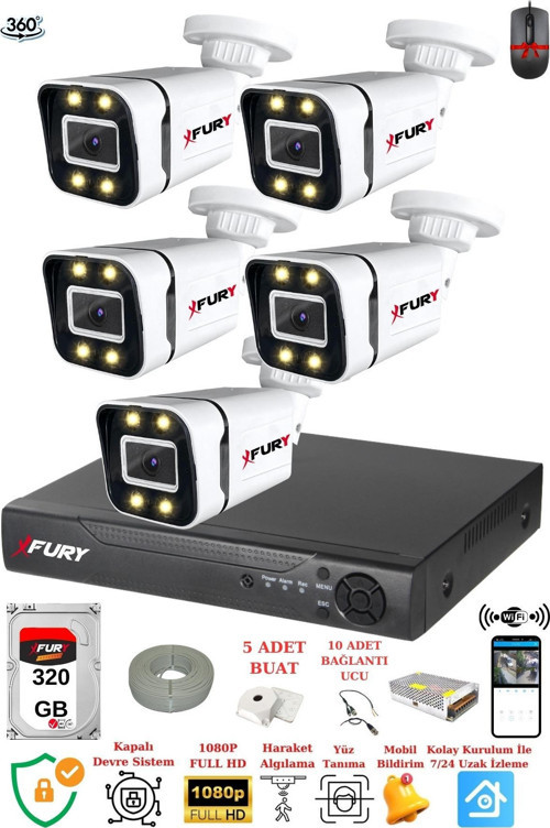 5 Kameralı Full Hd Gece Renkli - Su Geçirmez Ultra Led Güvenlik Kamerası Seti 320GB