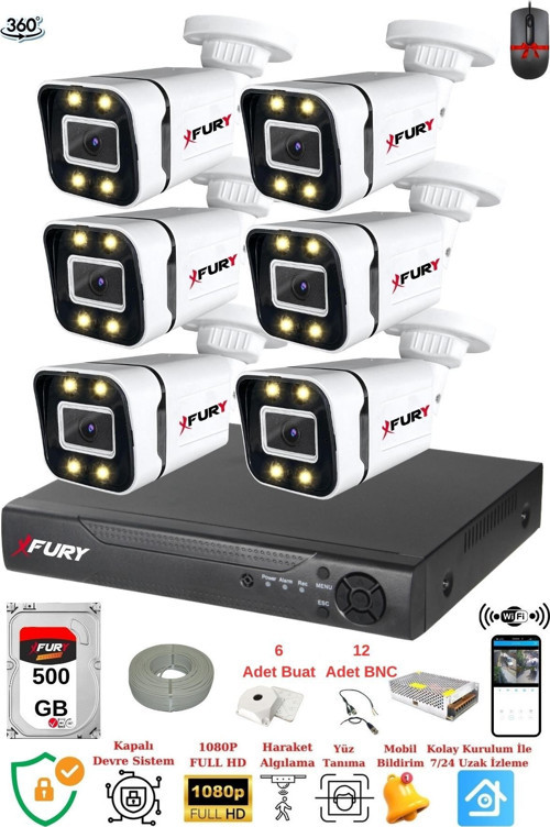 6 Kameralı Full Hd Gece Renkli - Su Geçirmez Ultra Led Güvenlik Kamerası Seti 500GB