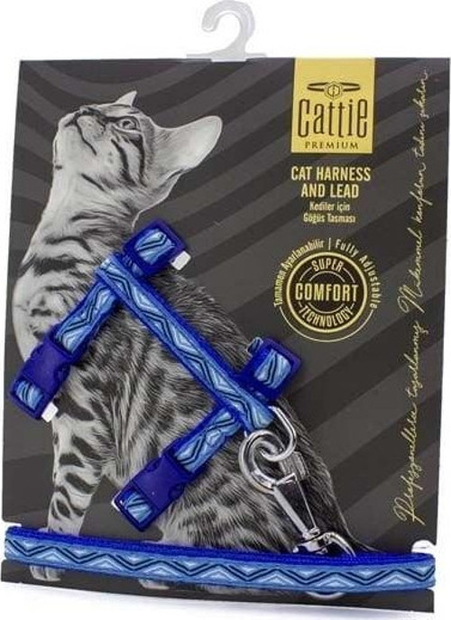 Desenli Kedi Göğüs ve Gezdirme Tasma Aparatı Mavi 1x25-40 Cm
