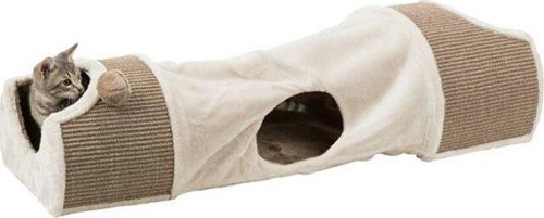 2 Bölmeli Peluş ve Jüt Kumaşlı Kedi Oyun Tüneli 110x30x38 Cm