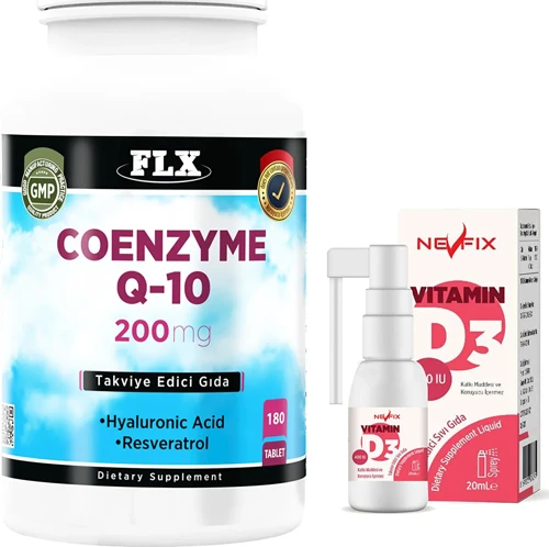 Coenzyme Koenzim Q-10 200 Mg Hyaluronik Asit Resveratrol 180 Tablet Nevfix Vitamin D3 Sıvı Sprey