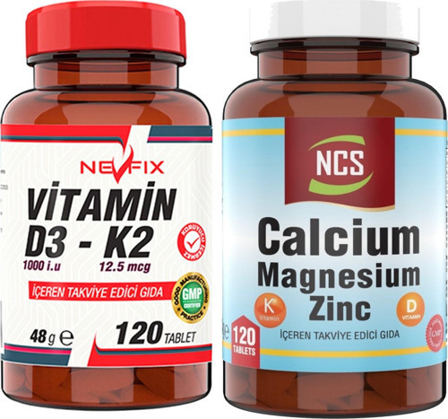 Calcium Magnesium Çinko D K Kalsiyum Vitamin Nevfix Vitamin D3-K2 120 Tablet