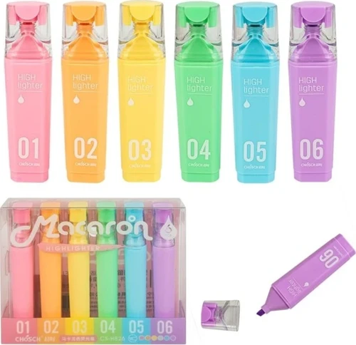Macaron CS-H826 Pastel Renkli 6 Çeşitli Fosforlu Kalem Seti - İşaretleyici Kalem Seti