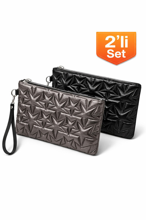 2'li Çanta Paketi Yıldız Desenli Portföy El Çantası Bilek Askılı Clutch Çanta