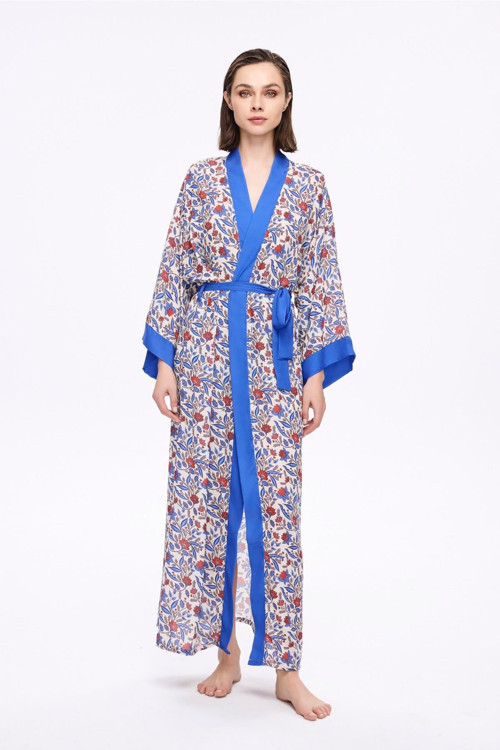 Mavi Çiçek Desenli Uzun Kimono 5049