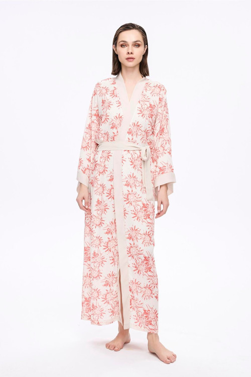 Pembe Çiçek Desenli Uzun Kimono 5043