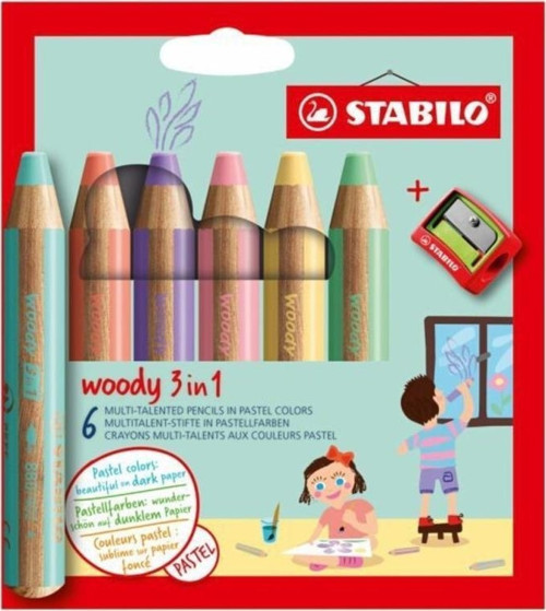 Woody Pastel Renkler Kuru boya 3in1 6 Renk + Kalemtıraş