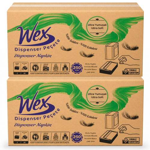 Dispenser Peçete 2 Koli Toplam 36 Paket, 250 Yaprak, 2 Katlı, %100 Selüloz