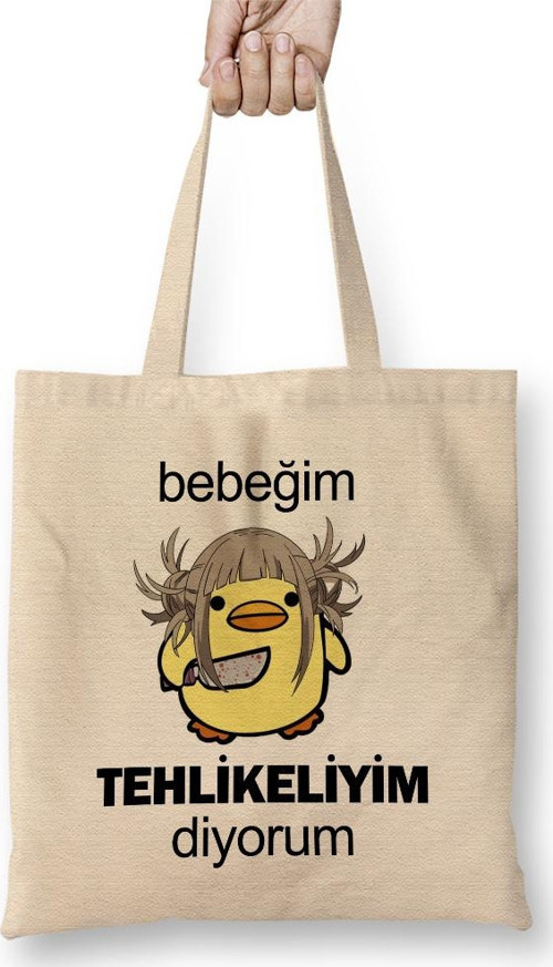 Sarı Civciv Bebeğim Tehlikeliyim Diyorum 02 Bez Çanta Uzun Saplı