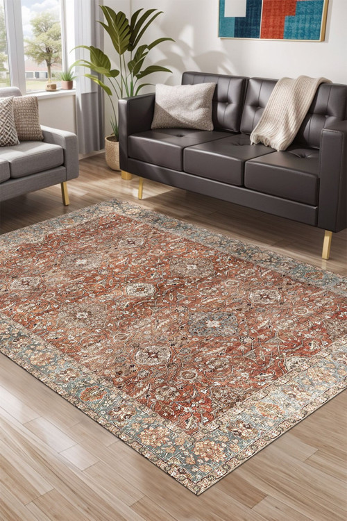 Onzy Vintage Kadife Yıkanabilir Kaymaz Pamuk Tabanlı Antibakteriyel Kilim Salon Halısı