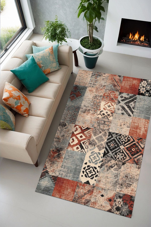 Resaye Patchwork Şönil Doğal Pamuk Tabanlı Salon Halısı Kaymaz Antibakteriyel Yıkanabilir
