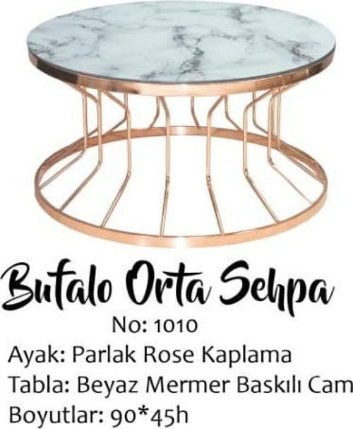 Brc 14053 Orta Sehpa Bufalo Beyaz Mermer TEMPER Cam Rose renk kaplama El Yapım