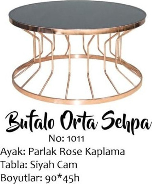 Brc 14054 Orta Sehpa Bufalo Model DÜZ Siyah TEMPER Cam Metal Rose renk kaplama