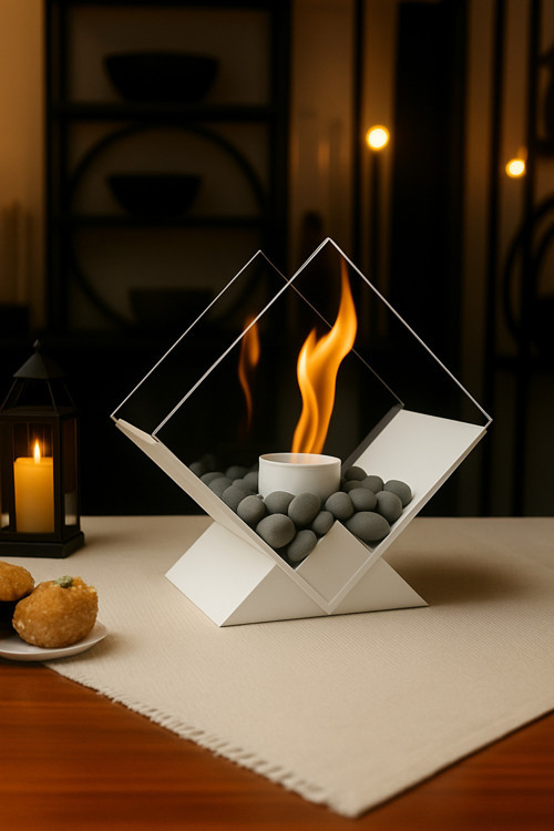 Masaüstü Beyaz Bioethanol Şömine – Yakıt ve Taş Hediyeli
