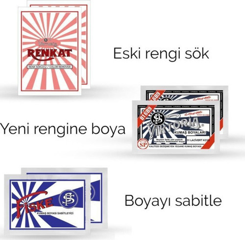 Kumaş Rengi Değişim Paketi 2 Adet Renk Sökücü + 2 Adet Koyu Lacivert Boya + 2 Adet Fiske
