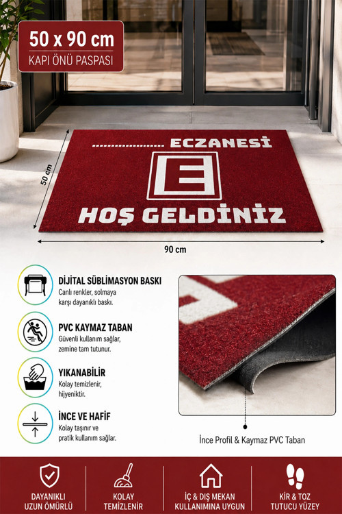 Eczane Logolu Kırmızı Hoş Geldiniz İşyeri Kapı Önü Paspası 50x90cm Kişiye Firmaya Özel