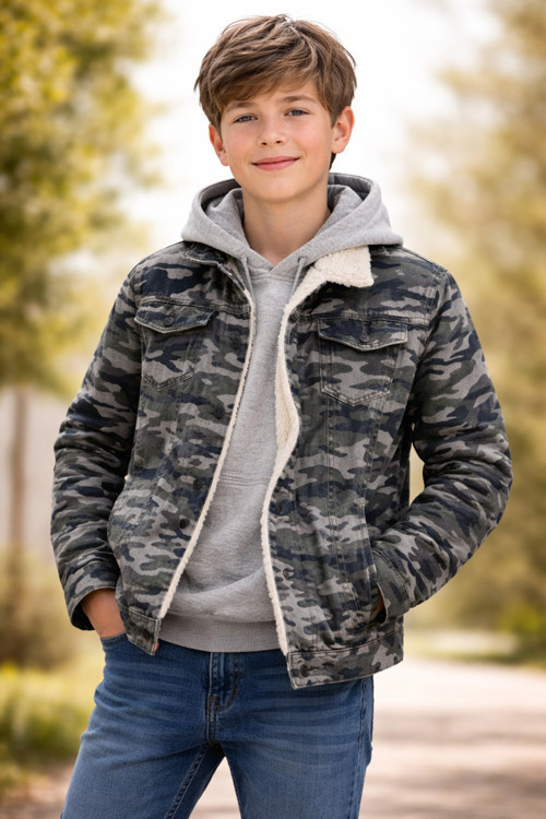 Lion R İçi Kürklü Kamuflaj Desenli Denim Kumaş Kot Ceket
