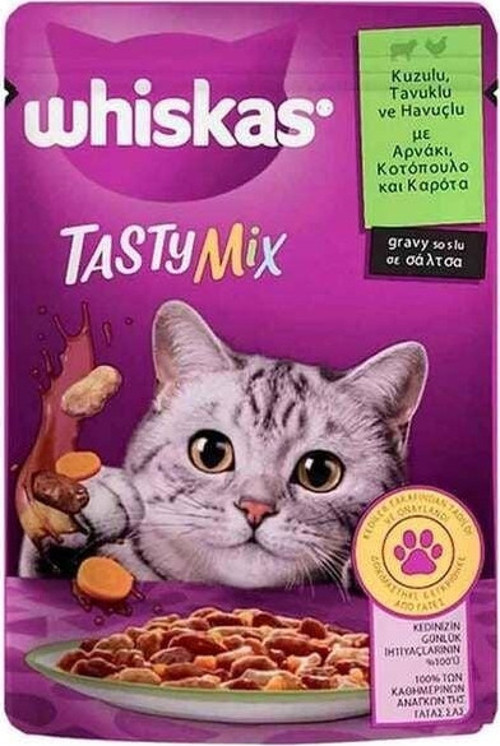 Pouch Tasty Mix Sos İçerisinde Kuzu Etli Tavuklu ve Havuçlu Yetişkin Konserve Kedi Maması 85 Gr